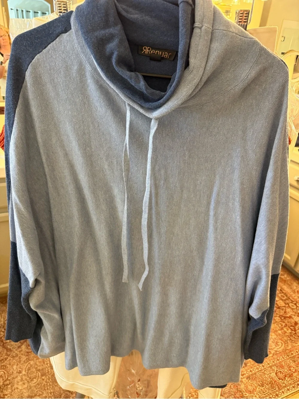 Renuar Two-Tone Light Blue Cowl Neck Pullover with Drawstring